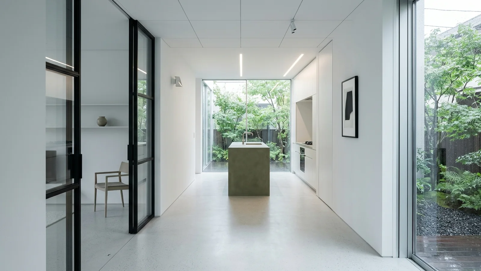An entrance hallway connecting a living room and bedroom