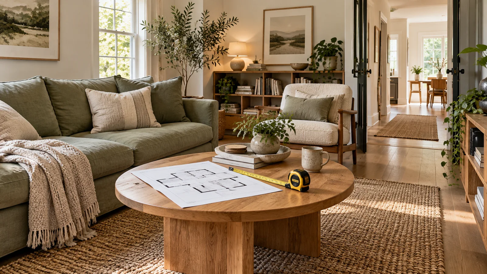 A sage sofa and oak table with a floor plan and measuring tape in a living room
