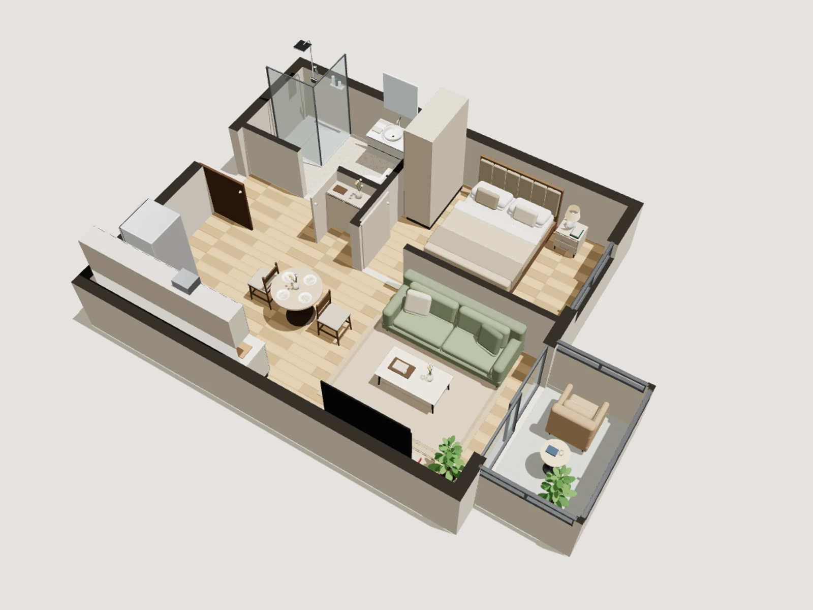 The same one-bedroom sample as a floor plan and a 3D home
